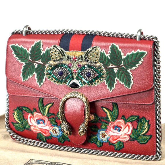 GUCCI Dionysus Red Jewel Raccoon Embroidered Floral Patchwork Shoulder Bag - Picture 4 of 16